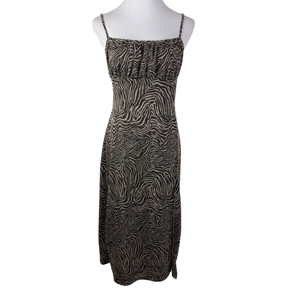 SHEIN Zebra Print Midi Dress Brown Tan Ruched Bust Side Slit Women's Large